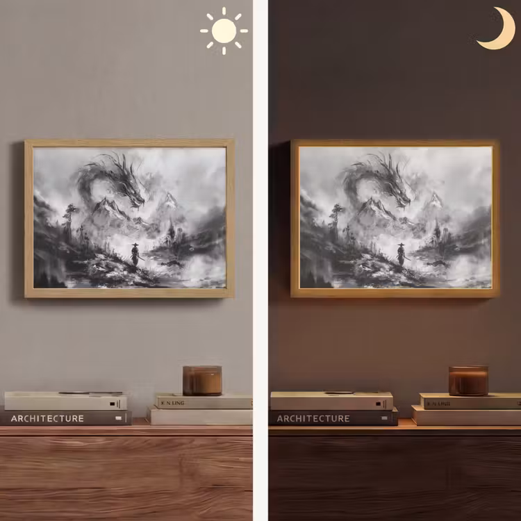 Krijger - Draak - Grijs Light Box met batterij (Wandlamp) middel -sfeer3