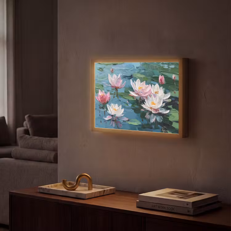 Waterlelies - Bloemen - Roze - Water Light Box met batterij (Wandlamp) middel -sfeer1