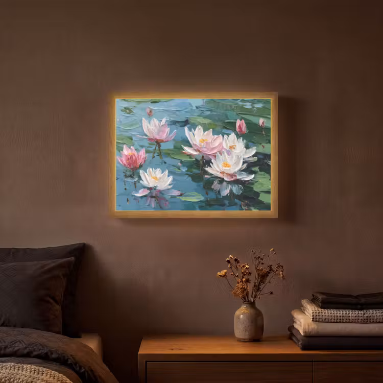 Waterlelies - Bloemen - Roze - Water Light Box met batterij (Wandlamp) middel -sfeer4