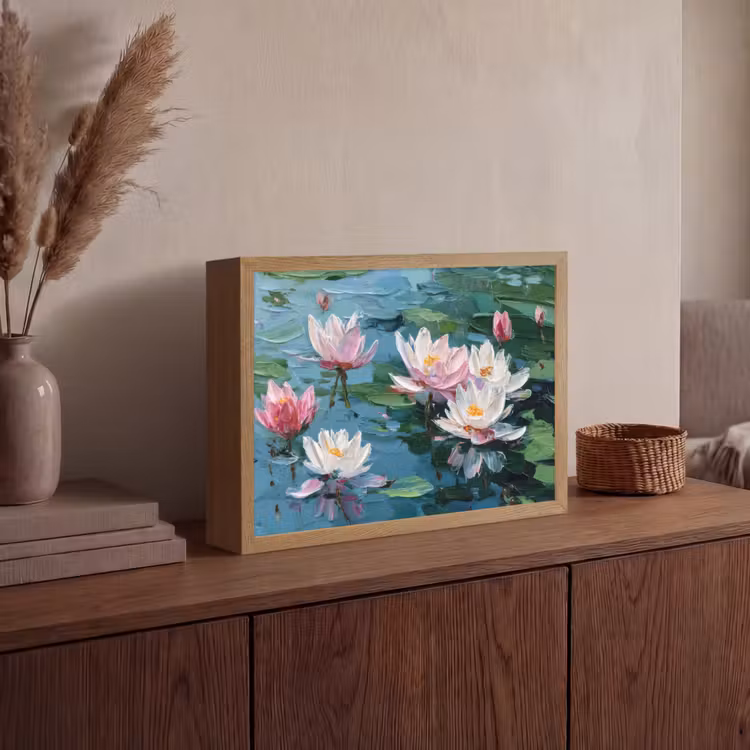 Waterlelies - Bloemen - Roze - Water Light Box met batterij (Wandlamp) middel -sfeer2