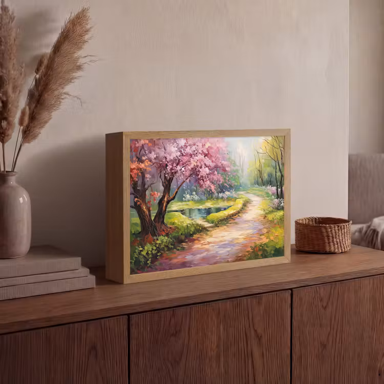 Watercolor - Natuur - Bomen - Kunst - Bloemen Light Box met batterij (Wandlamp) middel -sfeer2