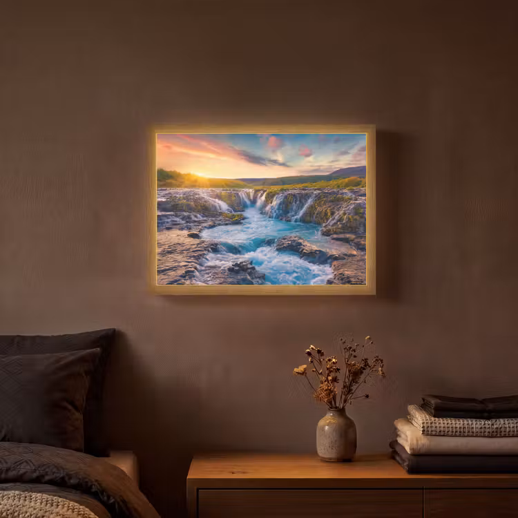 Waterval - Planten - Mos - Landschap - Zonsondergang - Rots Light Box met batterij (Wandlamp) middel -sfeer4
