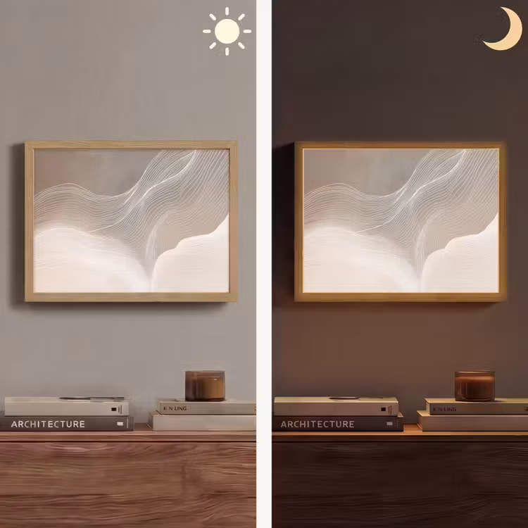 Golvende lijnen - Luchtstromen - Harmonieus Light Box met batterij (Wandlamp) middel -sfeer3