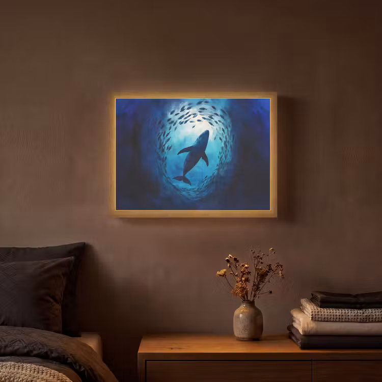 Walvis - Vissen - Donkerblauw Light Box met batterij (Wandlamp) middel -sfeer4