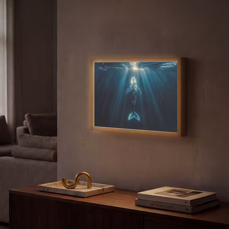 Walvis - Water - Zonnestralen - Blauw Light Box met batterij (Wandlamp) middel -sfeer1