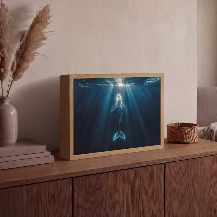 Walvis - Water - Zonnestralen - Blauw Light Box met batterij (Wandlamp) middel -sfeer2