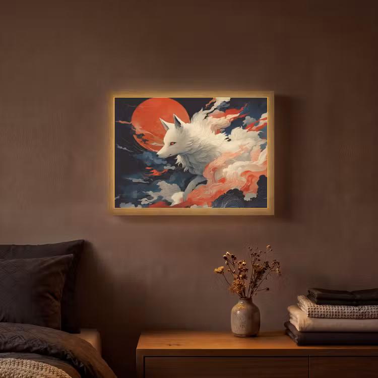 Witte vos - wolken - maan Light Box met batterij (Wandlamp) middel -sfeer4