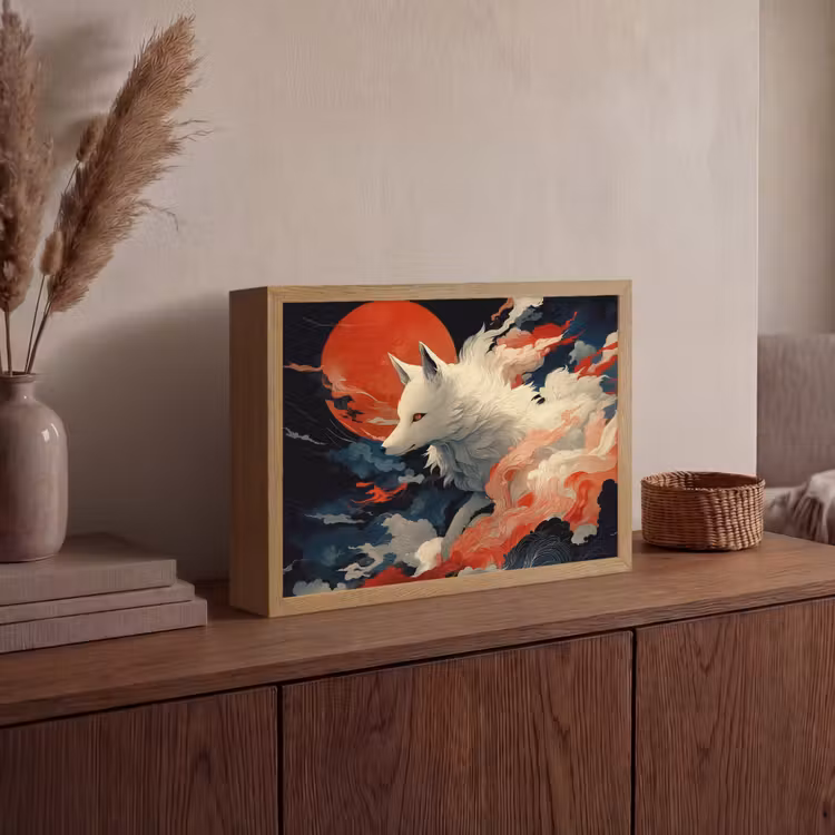 Witte vos - wolken - maan Light Box met batterij (Wandlamp) middel -sfeer2