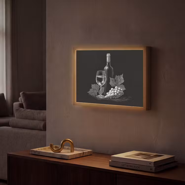Wijnfles - Glas - Druiven - Bladeren Light Box met batterij (Wandlamp) middel -sfeer1