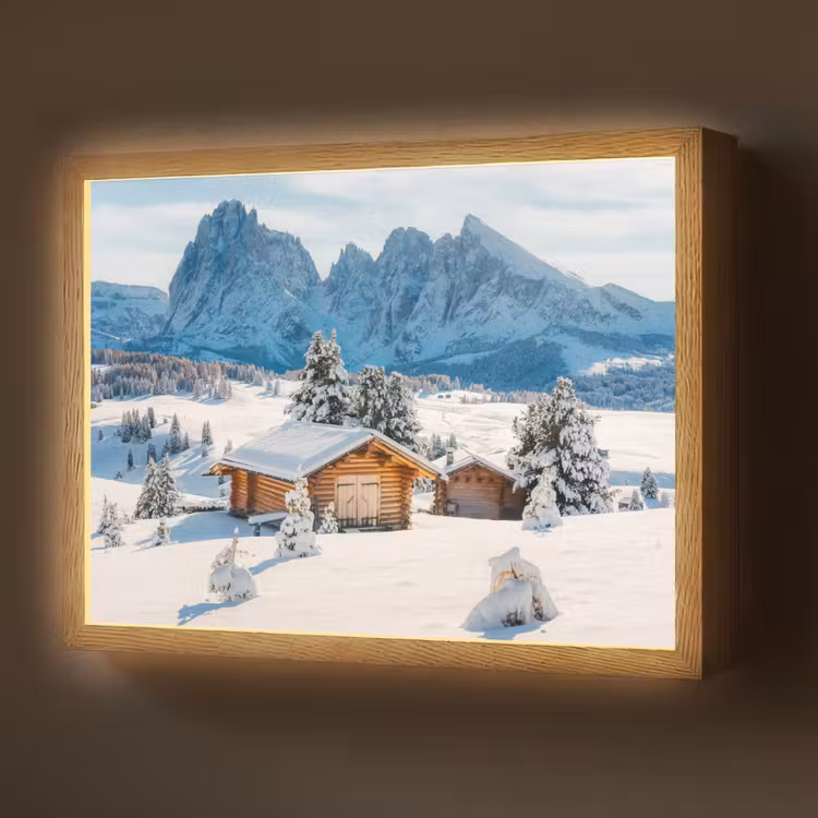 Winter - Huisje - Bergen - Uitzicht - Sneeuw Light Box met batterij (Wandlamp) middel -z3d_website