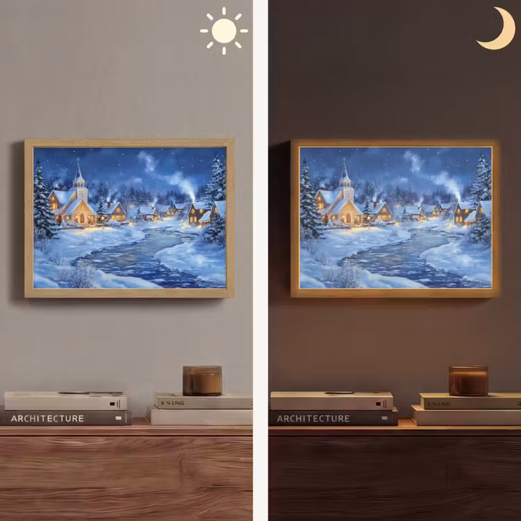 Winteravond - Kerstdorp - Donker Light Box met batterij (Wandlamp) middel -sfeer3