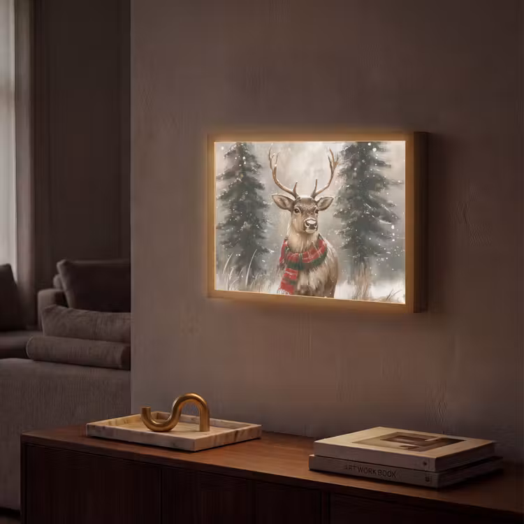 Winter - Bos - Rendier - Donker Light Box met batterij (Wandlamp) middel -sfeer1