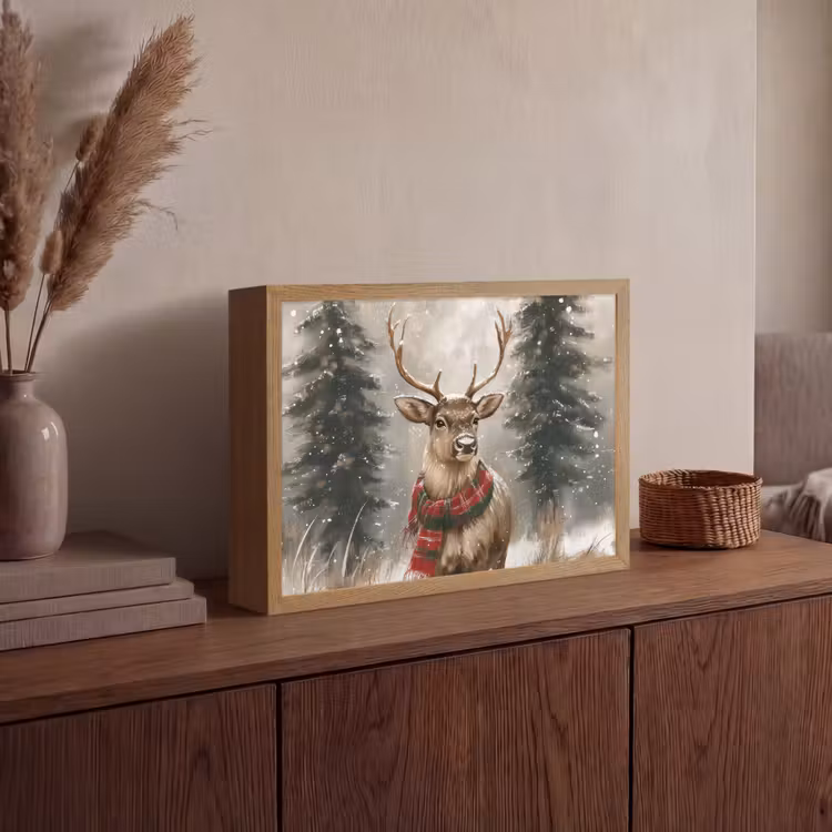Winter - Bos - Rendier - Donker Light Box met batterij (Wandlamp) middel -sfeer2