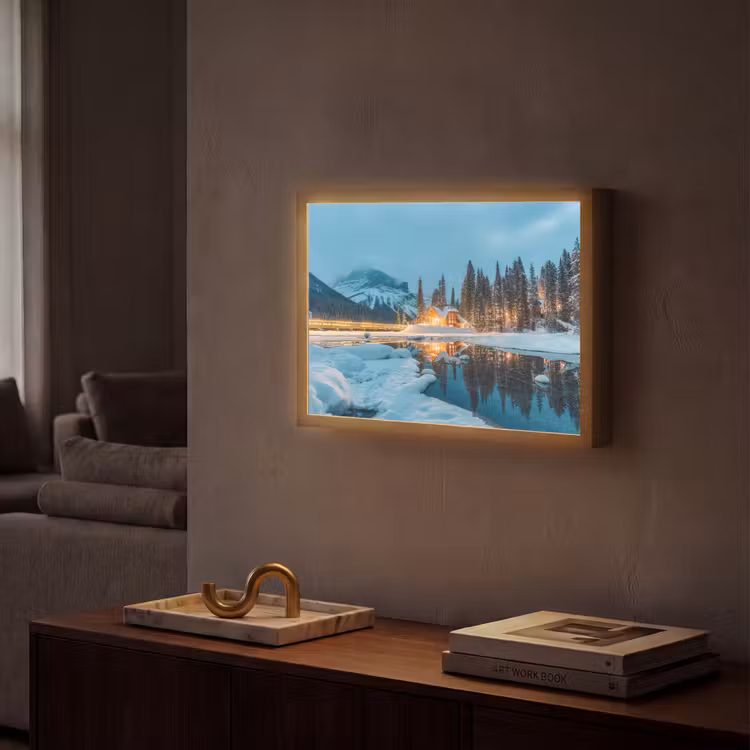 Winterlandschap - Natuur - Huis - Bergen - Sneeuw Light Box met batterij (Wandlamp) middel -sfeer1