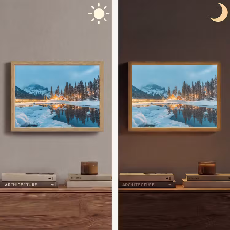 Winterlandschap - Natuur - Huis - Bergen - Sneeuw Light Box met batterij (Wandlamp) middel -sfeer3