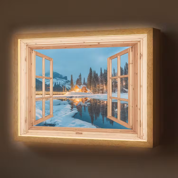 Winterlandschap - Natuur - Huis - Bergen - Doorkijk - Raam Light Box met batterij (Wandlamp) middel -z3d_website