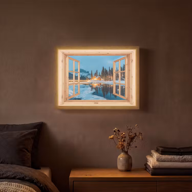 Winterlandschap - Natuur - Huis - Bergen - Doorkijk - Raam Light Box met batterij (Wandlamp) middel -sfeer4