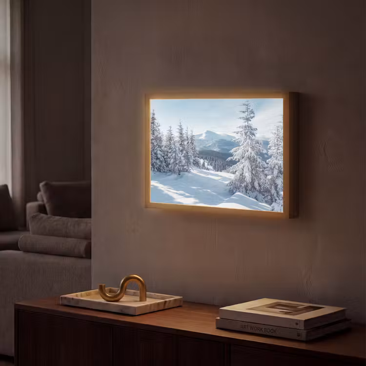 Winterlandschap - Natuur - Berg - Bomen - Sneeuw Light Box met batterij (Wandlamp) middel -sfeer1