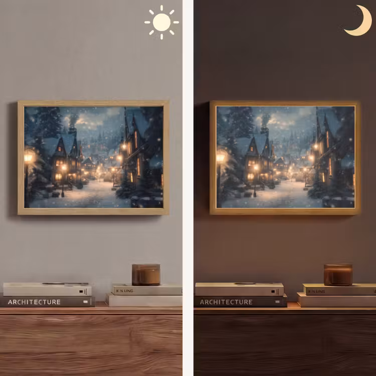 Winterdorp - Sneeuw - Donker Light Box met batterij (Wandlamp) middel -sfeer3