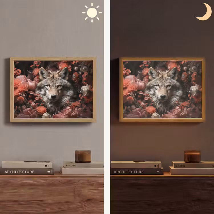 Wolf - Dier - Bloemen - Botanisch - Natuur - Fantasie Light Box met batterij (Wandlamp) middel -sfeer3