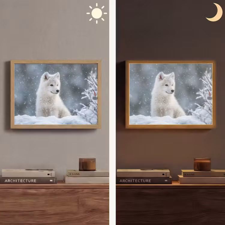 Wolf - Pup - Sneeuw Light Box met batterij (Wandlamp) middel -sfeer3