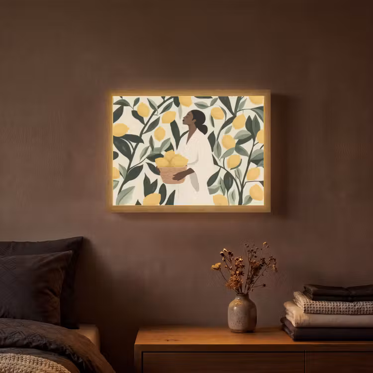 Vrouw - Mand - Citroenen - Bladeren Light Box met batterij (Wandlamp) middel -sfeer4