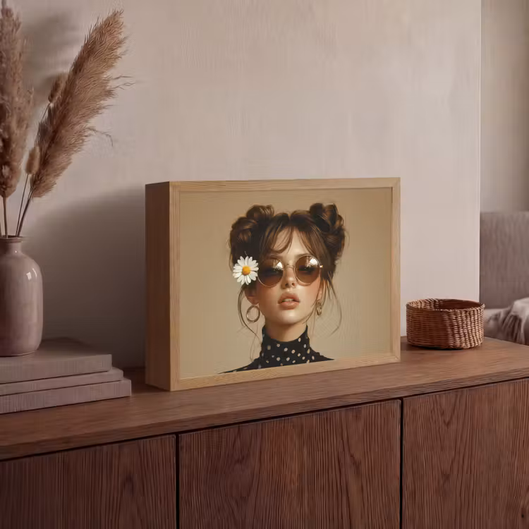 Vrouw - Beige - Bloem - Modern - Portret Light Box met batterij (Wandlamp) middel -sfeer2