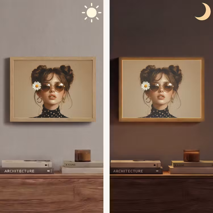 Vrouw - Beige - Bloem - Modern - Portret Light Box met batterij (Wandlamp) middel -sfeer3