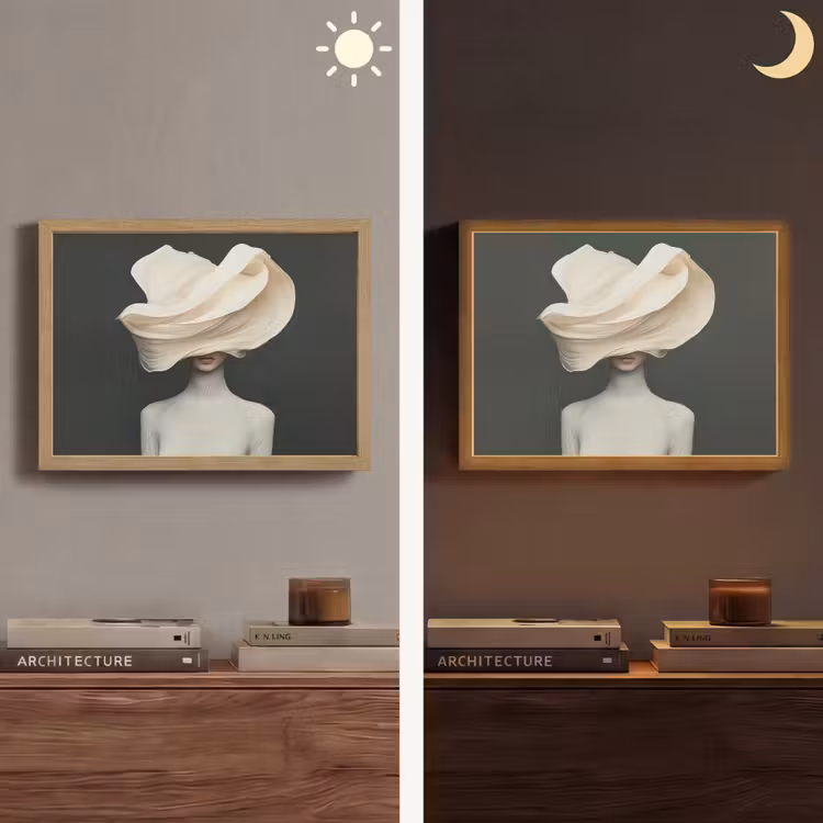 Vrouw - Beige - hoed Light Box met batterij (Wandlamp) middel -sfeer3