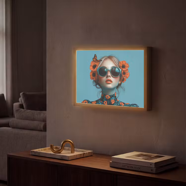 Vrouw - Blauw - Vlinder - Bloemen - Aesthetic Light Box met batterij (Wandlamp) middel -sfeer1