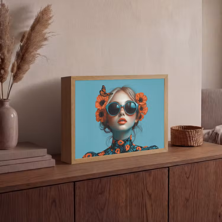Vrouw - Blauw - Vlinder - Bloemen - Aesthetic Light Box met batterij (Wandlamp) middel -sfeer2