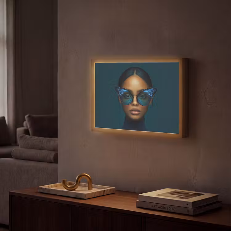 Vrouw - Vlinder - Bril - Blauw - Modern - Portret Light Box met batterij (Wandlamp) middel -sfeer1