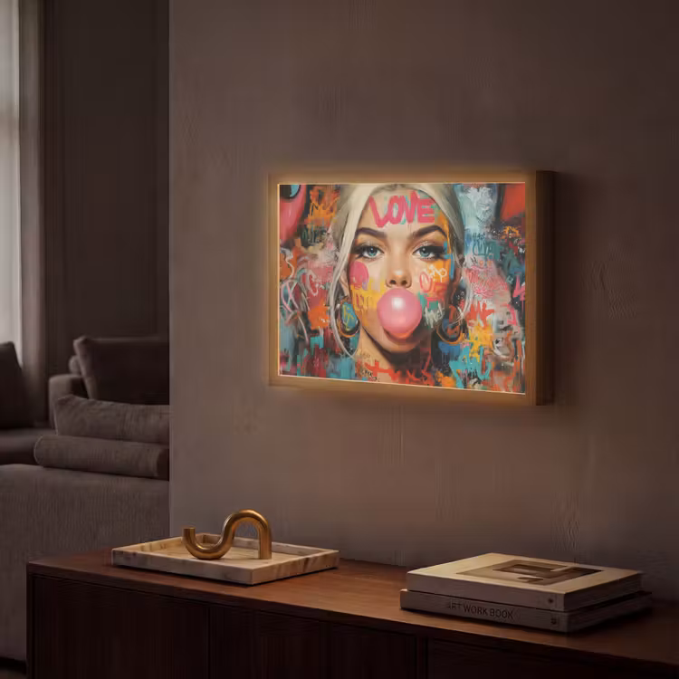 Vrouw - Kauwgom - Graffiti - Love Light Box met batterij (Wandlamp) middel -sfeer1