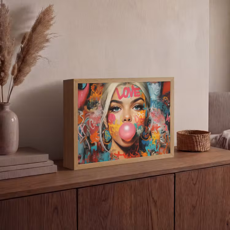 Vrouw - Kauwgom - Graffiti - Love Light Box met batterij (Wandlamp) middel -sfeer2