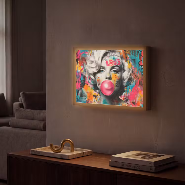 Vrouw - Kauwgom - Graffiti - Neonkleuren Light Box met batterij (Wandlamp) middel -sfeer1