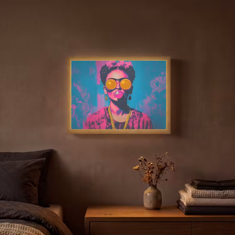 Vrouw - Kauwgom - Zonnebril - Oranje Light Box met batterij (Wandlamp) middel -sfeer4