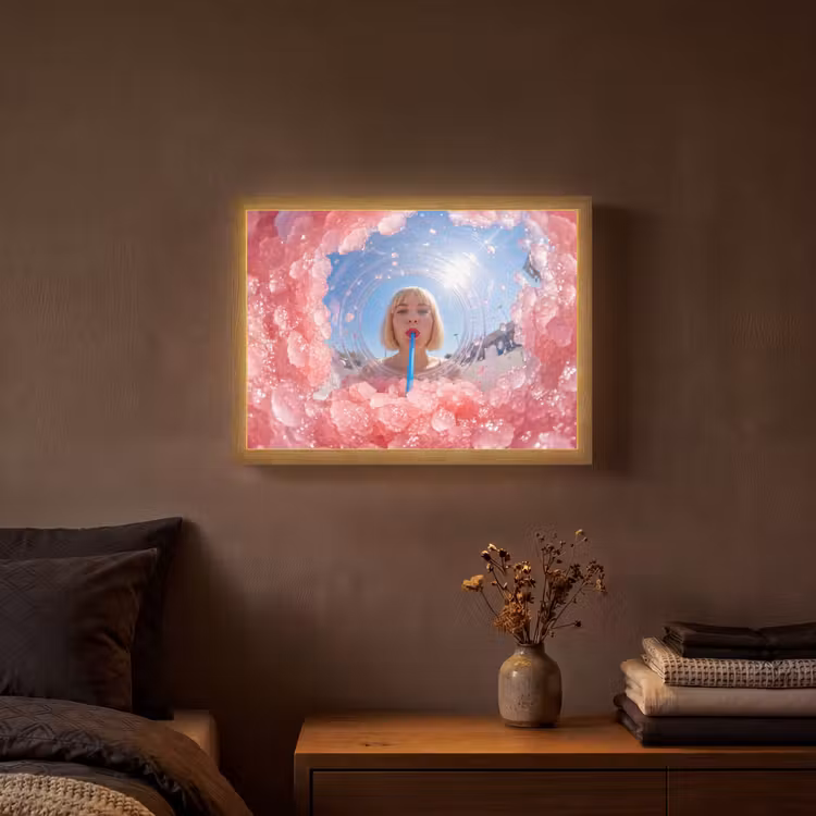 Vrouw - Drank - Zomer - Roze - Blauw Light Box met batterij (Wandlamp) middel -sfeer4