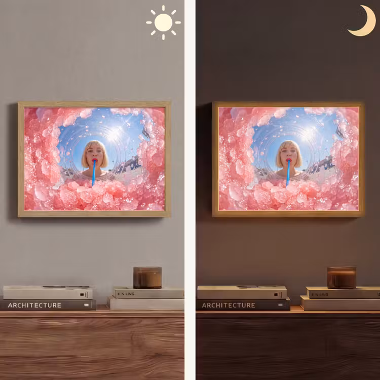 Vrouw - Drank - Zomer - Roze - Blauw Light Box met batterij (Wandlamp) middel -sfeer3