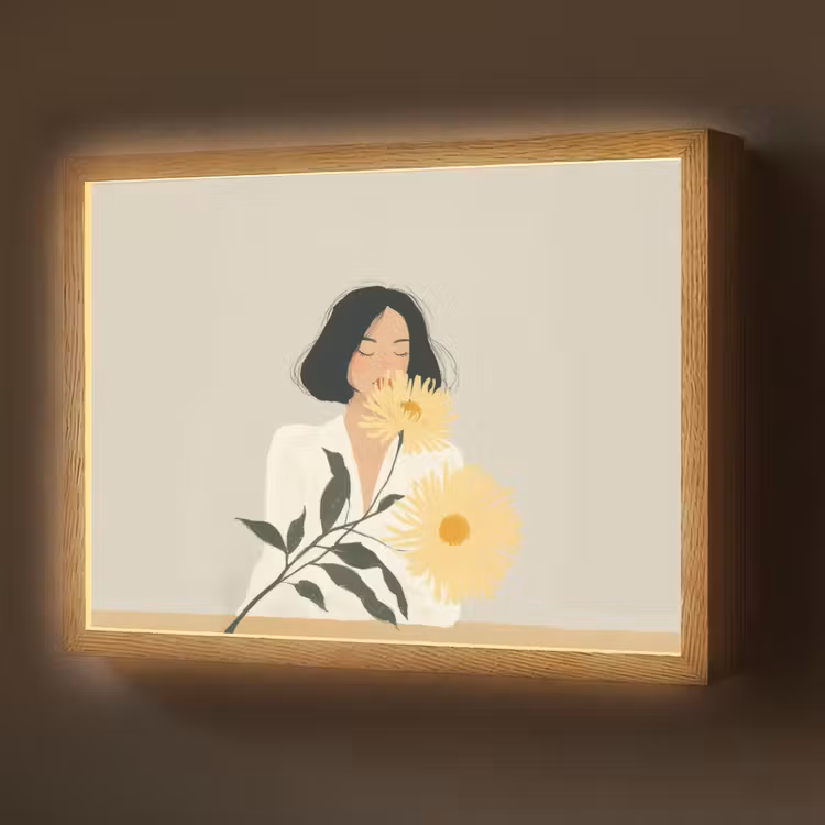 Vrouw - Bloem - Geel - Minimalistisch Light Box met batterij (Wandlamp) middel -z3d_website