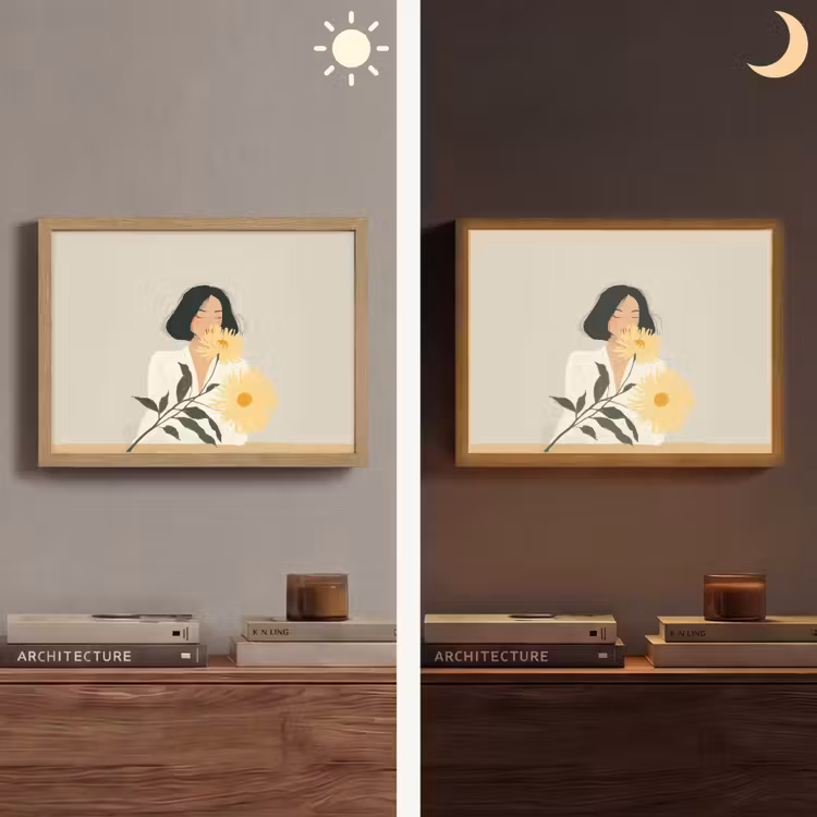 Vrouw - Bloem - Geel - Minimalistisch Light Box met batterij (Wandlamp) middel -sfeer3