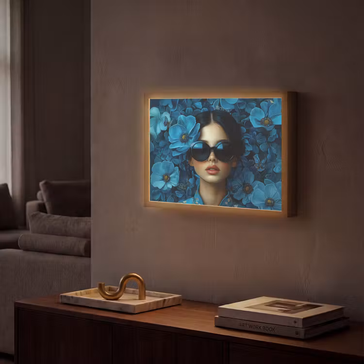 Vrouw - Bloemen - Blauw - Aesthetic - Luxe Light Box met batterij (Wandlamp) middel -sfeer1