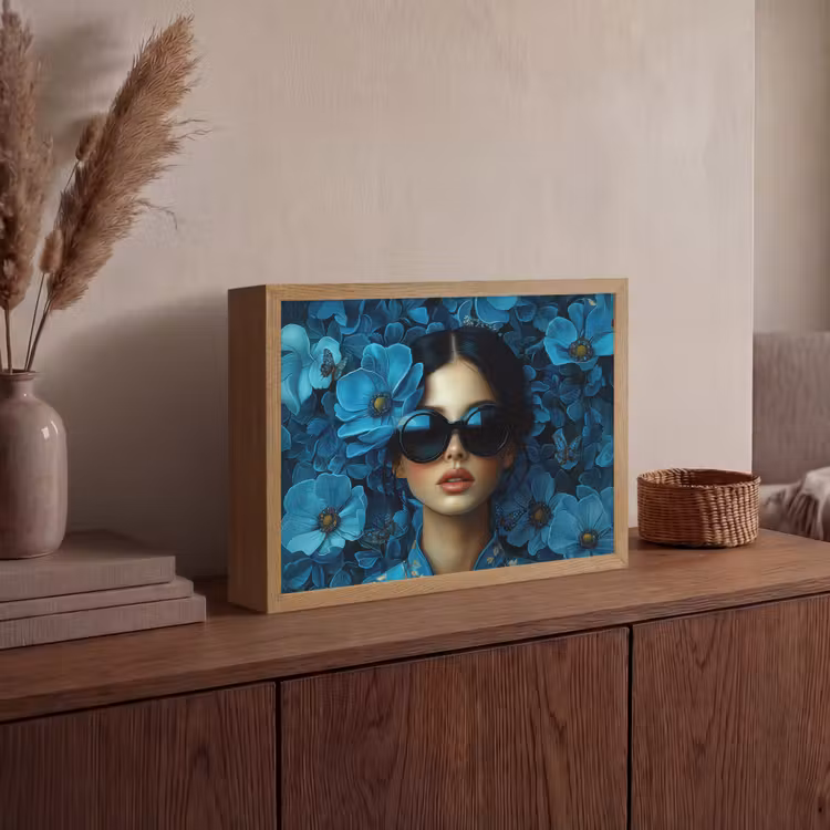 Vrouw - Bloemen - Blauw - Aesthetic - Luxe Light Box met batterij (Wandlamp) middel -sfeer2