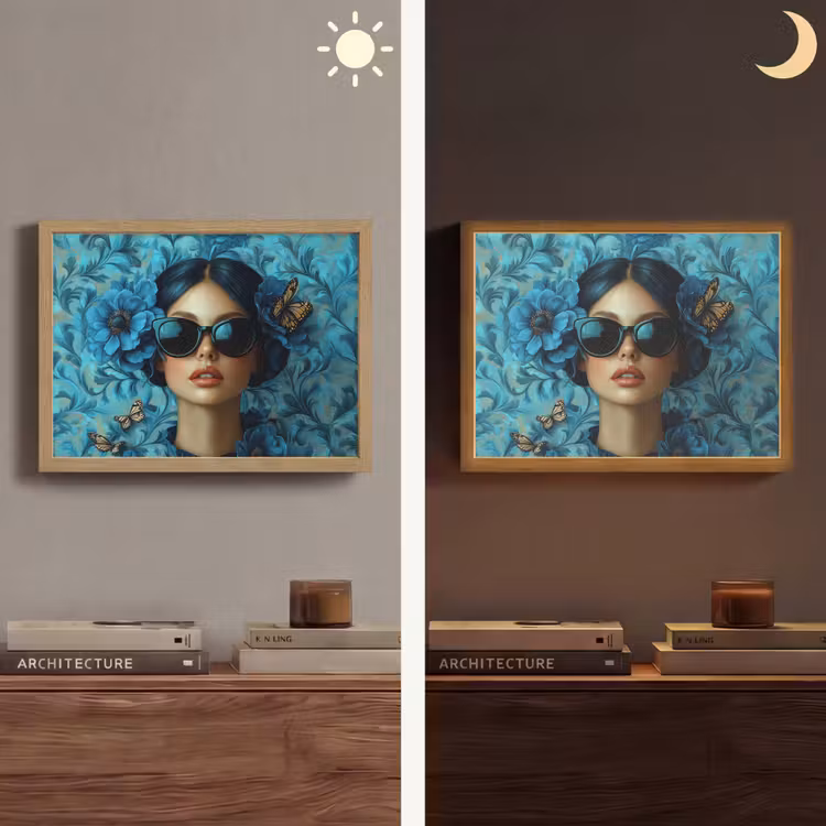 Vrouw - Bloemen - Vlinders - Blauw - Abstract Light Box met batterij (Wandlamp) middel -sfeer3