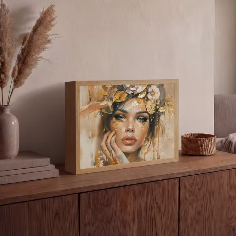 Vrouw - Bloemen - Goud - Portret Light Box met batterij (Wandlamp) middel -sfeer2