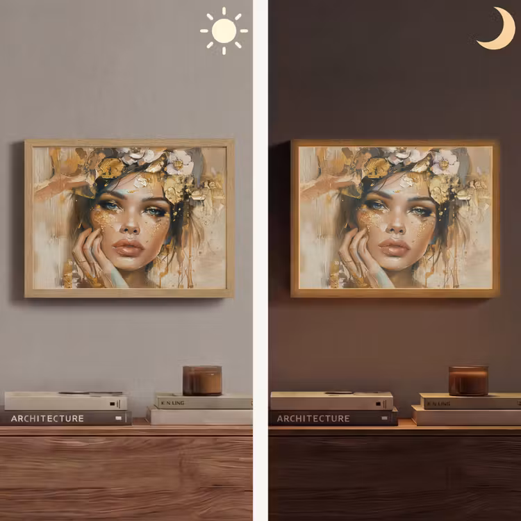 Vrouw - Bloemen - Goud - Portret Light Box met batterij (Wandlamp) middel -sfeer3