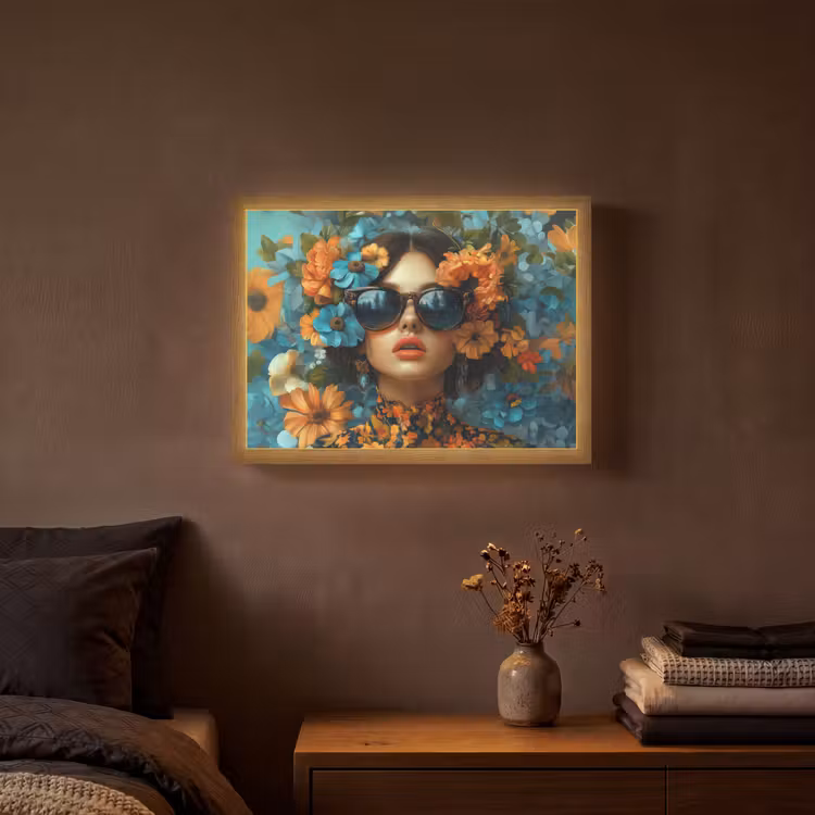 Vrouw - Bloemen - Oranje - Blauw - Modern Light Box met batterij (Wandlamp) middel -sfeer4