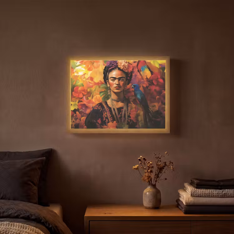 Vrouw - Bloemen - Papegaai - Schilderachtig Light Box met batterij (Wandlamp) middel -sfeer4
