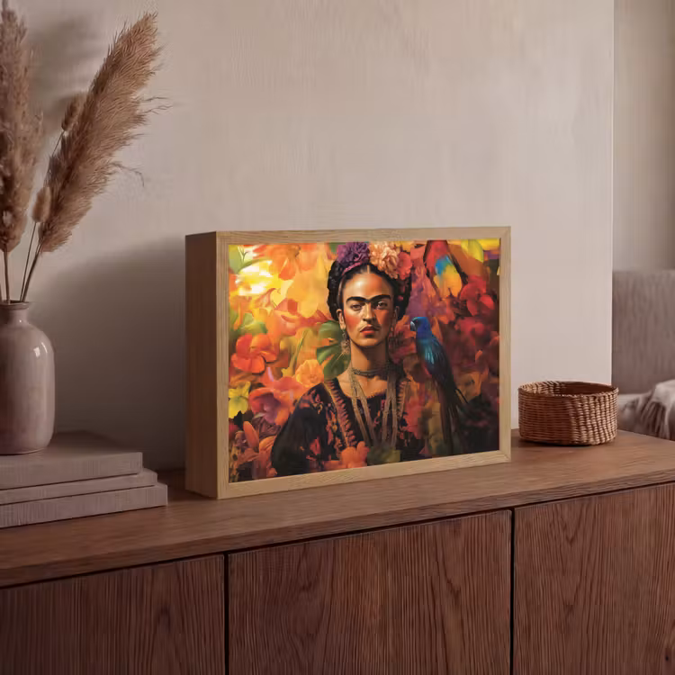 Vrouw - Bloemen - Papegaai - Schilderachtig Light Box met batterij (Wandlamp) middel -sfeer2