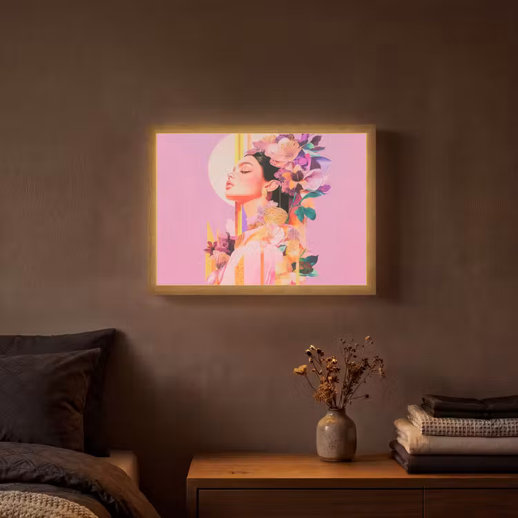 Vrouw - Bloemen - Paars - Abstract Light Box met batterij (Wandlamp) middel -sfeer4