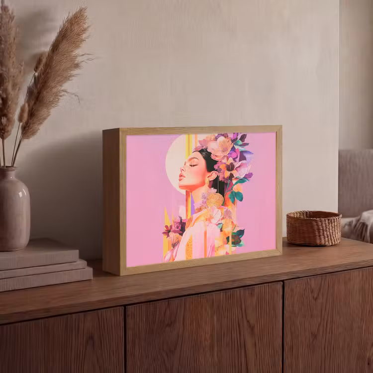 Vrouw - Bloemen - Paars - Abstract Light Box met batterij (Wandlamp) middel -sfeer2